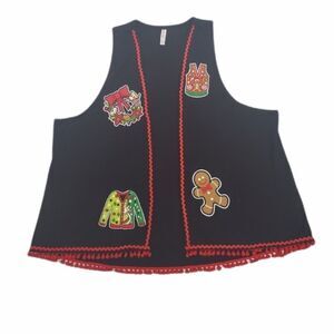 UGLY‎ Christmas sweater patch vest pom pom trim XXL